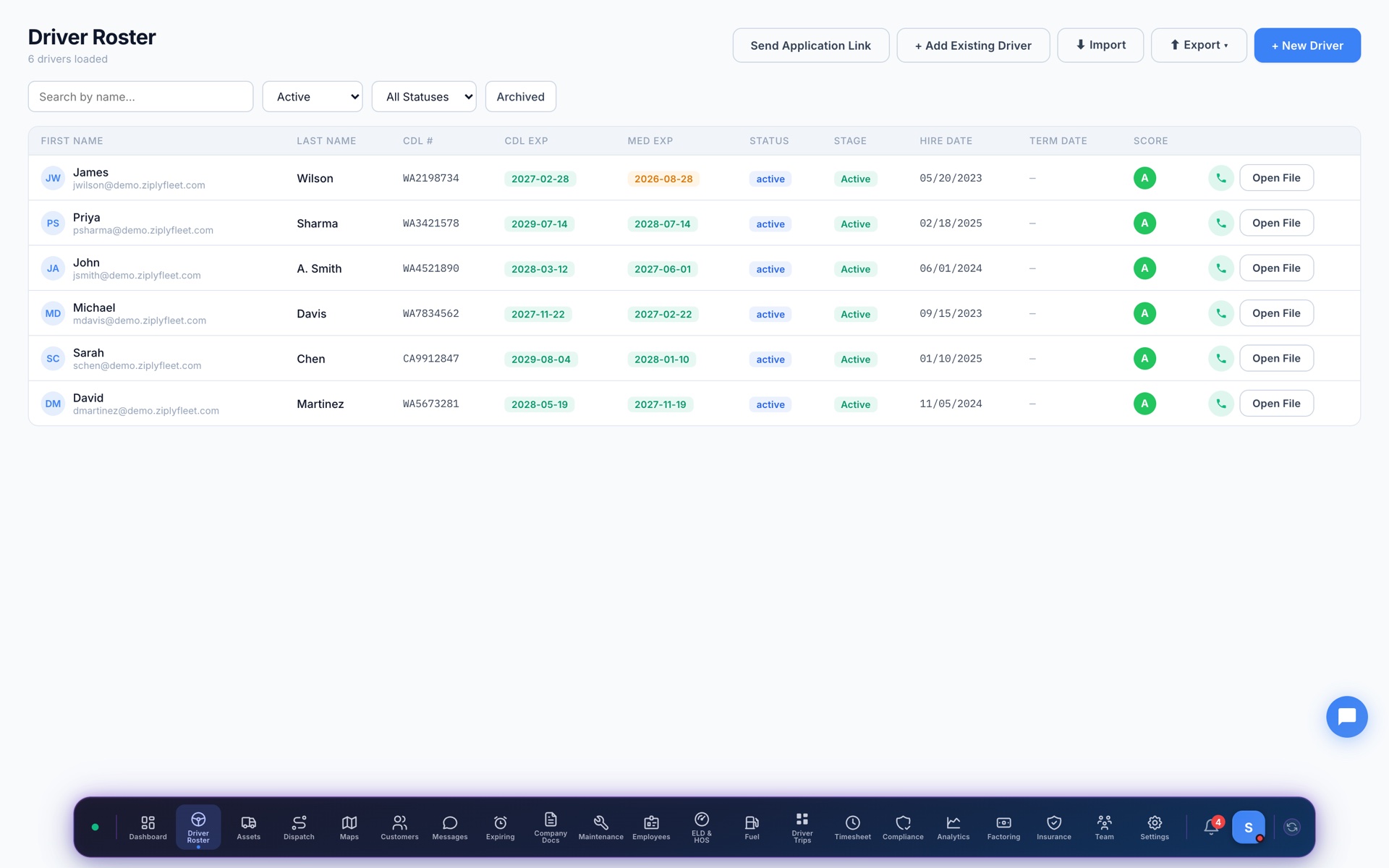 Ziply Fleet driver roster with CDL and medical expiry tracking