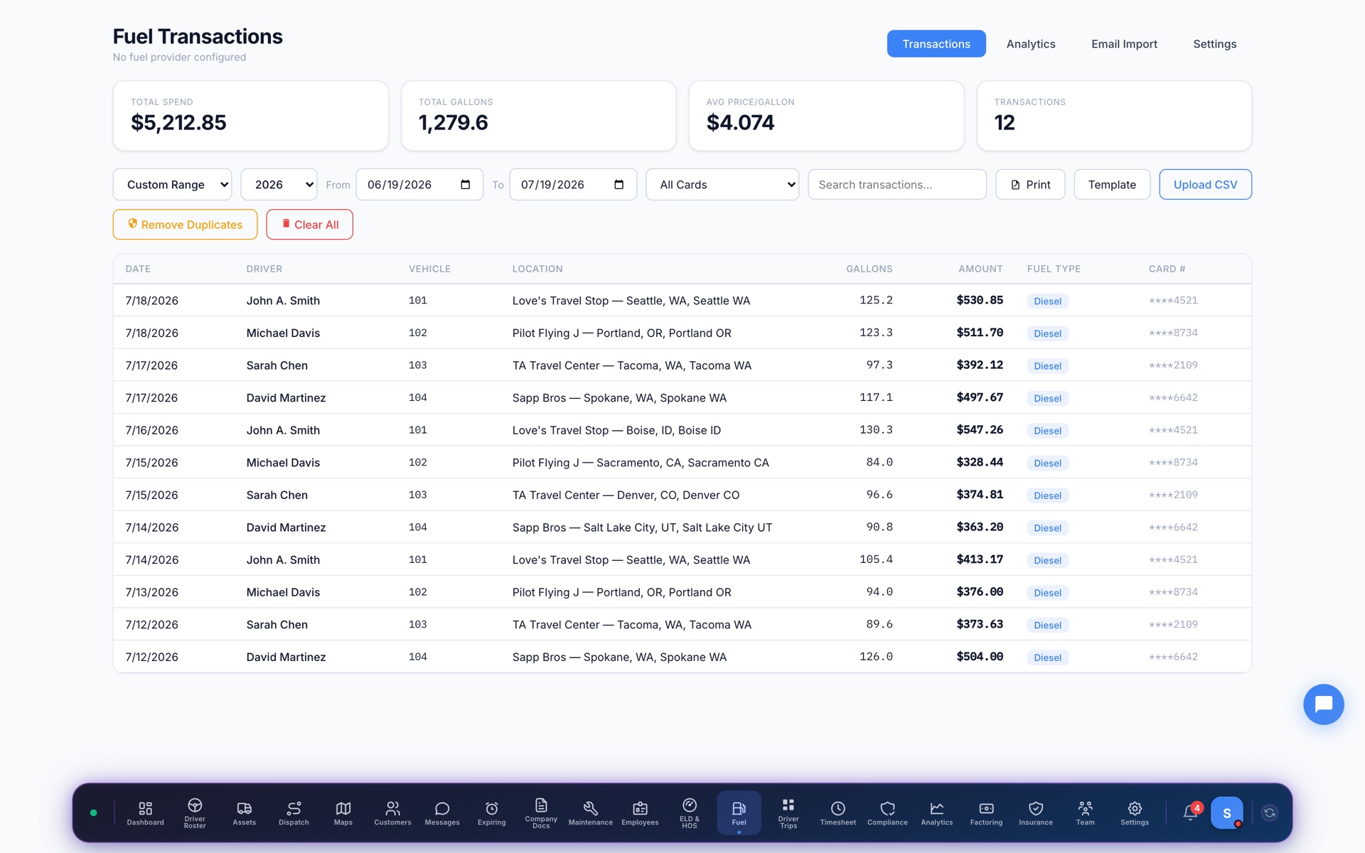Ziply Fleet fuel transactions with spend, gallons and price per gallon