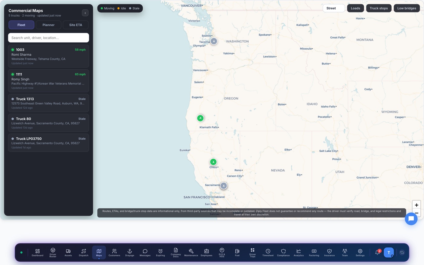 Ziply Fleet Commercial Maps — live trucks and truck-legal route planner