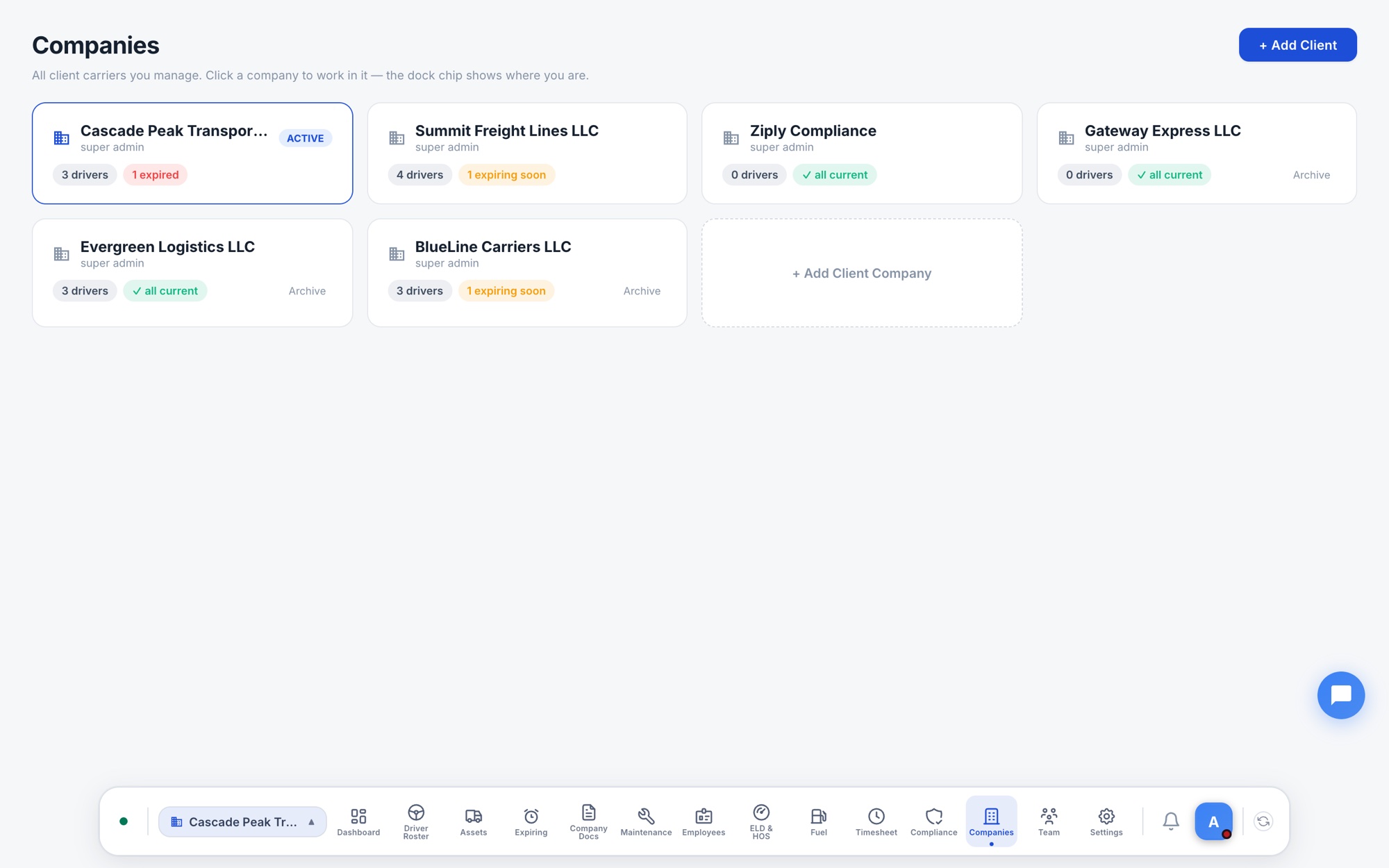 Multi-company management — all client carriers under one Ziply Fleet login