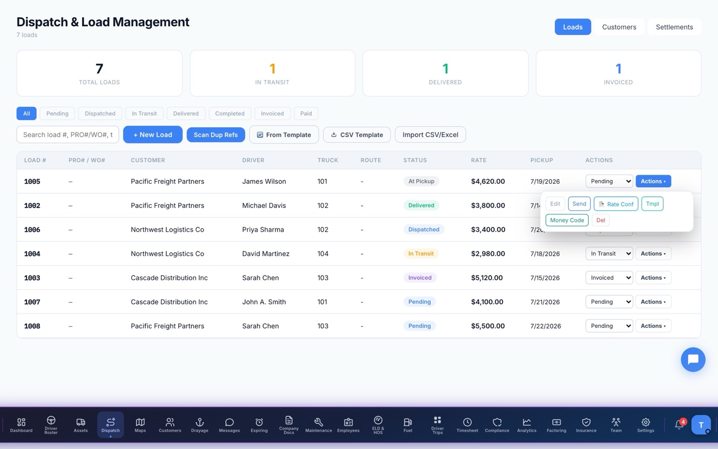 Ziply Fleet dispatch — loads with rates, statuses, and one-click invoicing