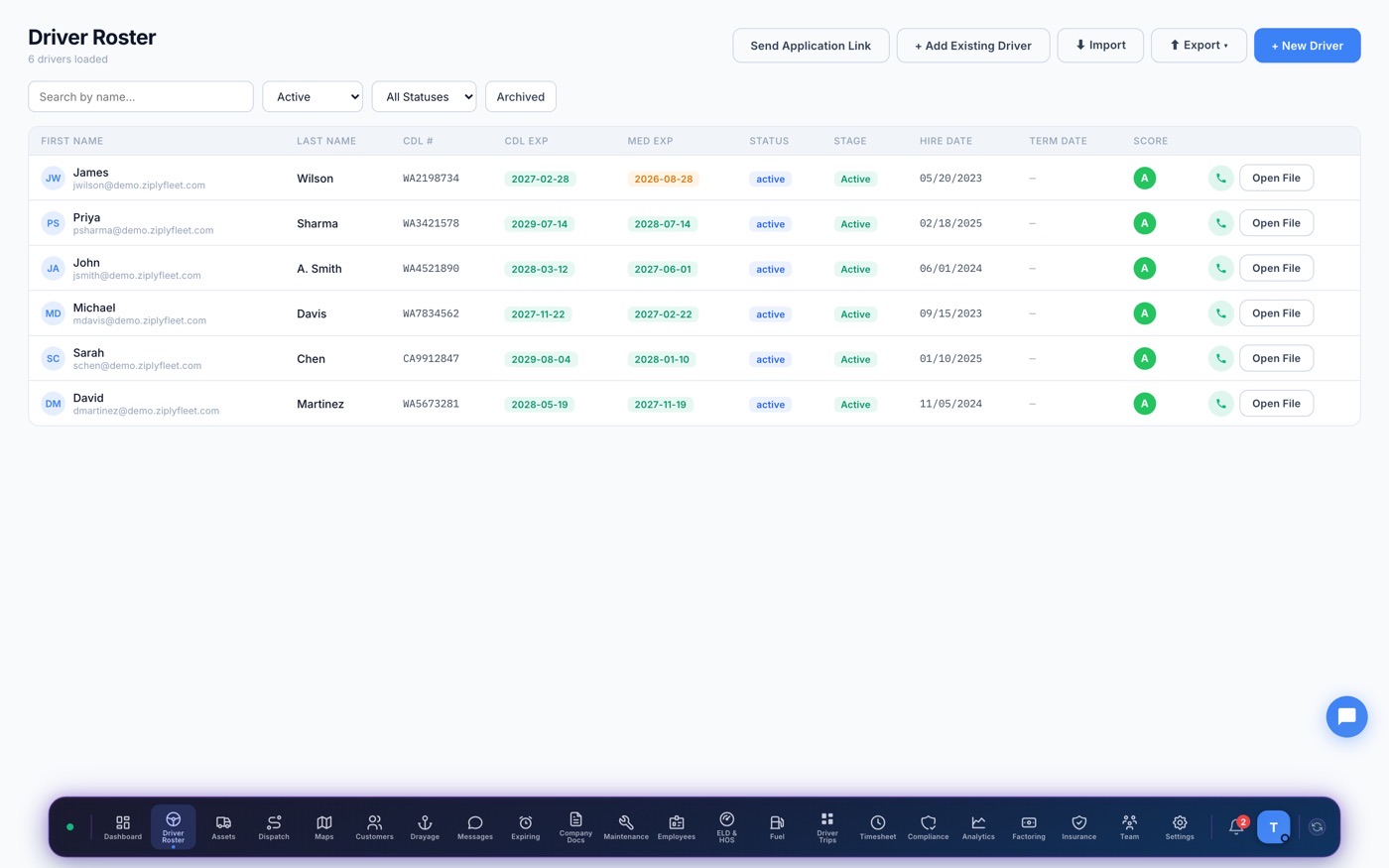 Ziply Fleet driver roster — CDL and medical expirations with compliance scores
