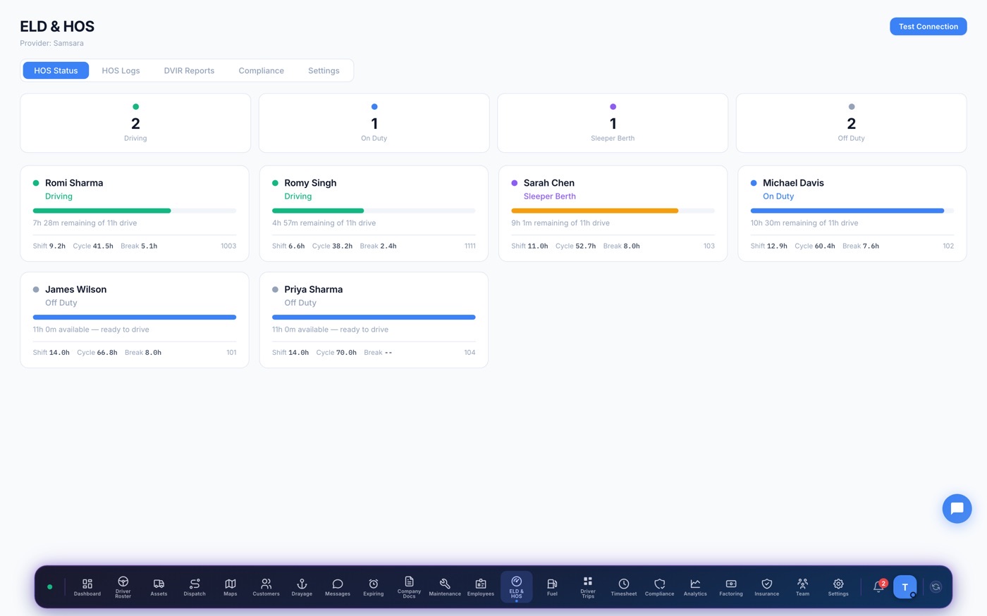 Ziply Fleet ELD & HOS — live duty status and hours-of-service clocks