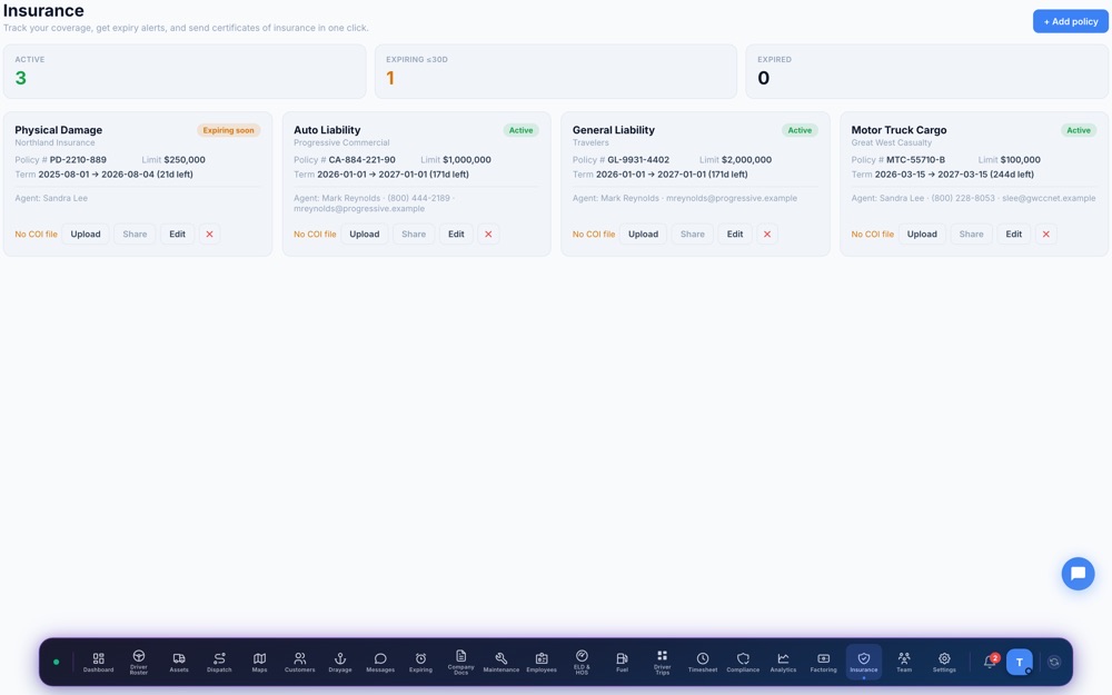 Ziply Fleet Insurance — policy tracking with renewal alerts and one-click COI sharing